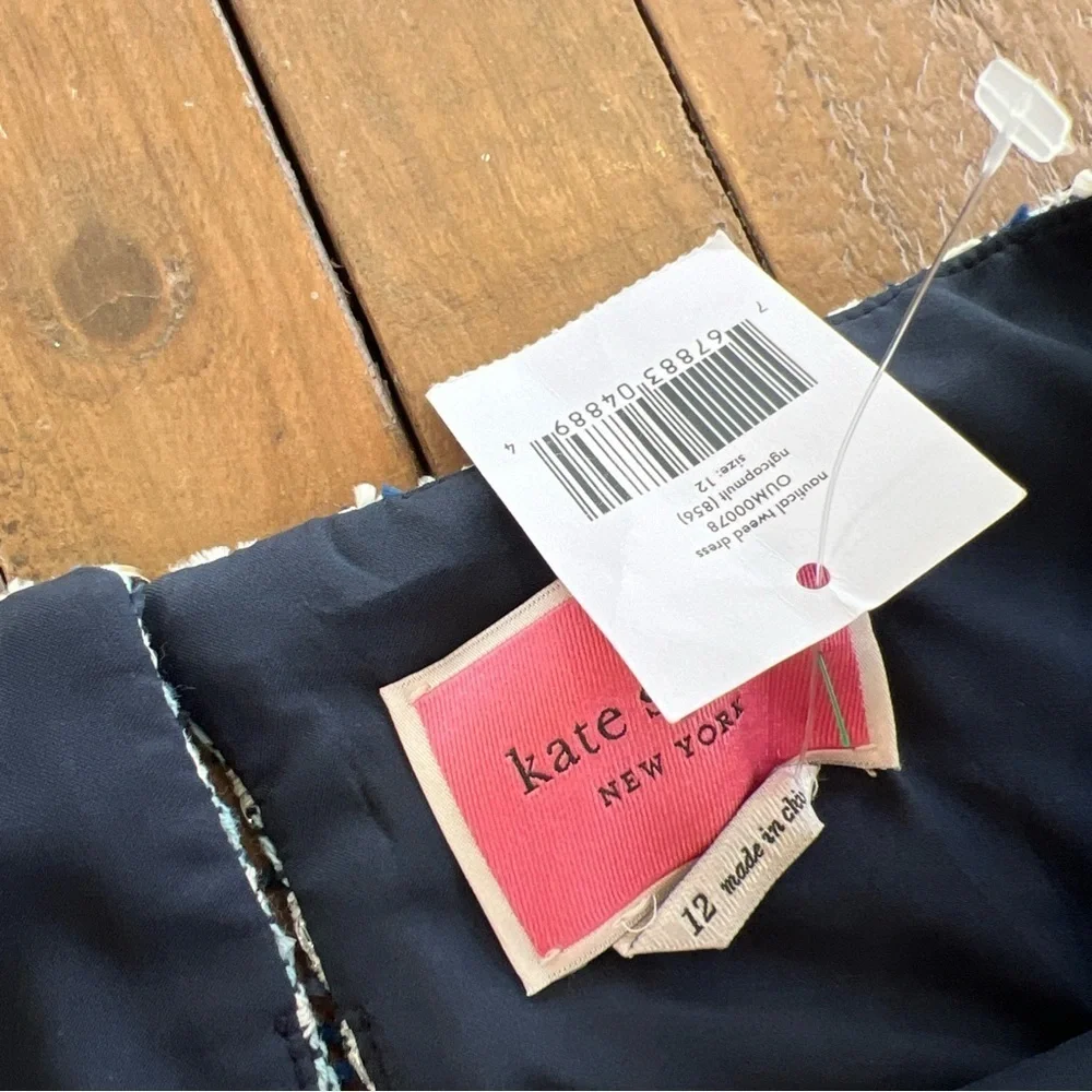 Kate Spade Nautical Tweed Dress Size 12 Navy Blue White Pockets Fit Flare Preppy